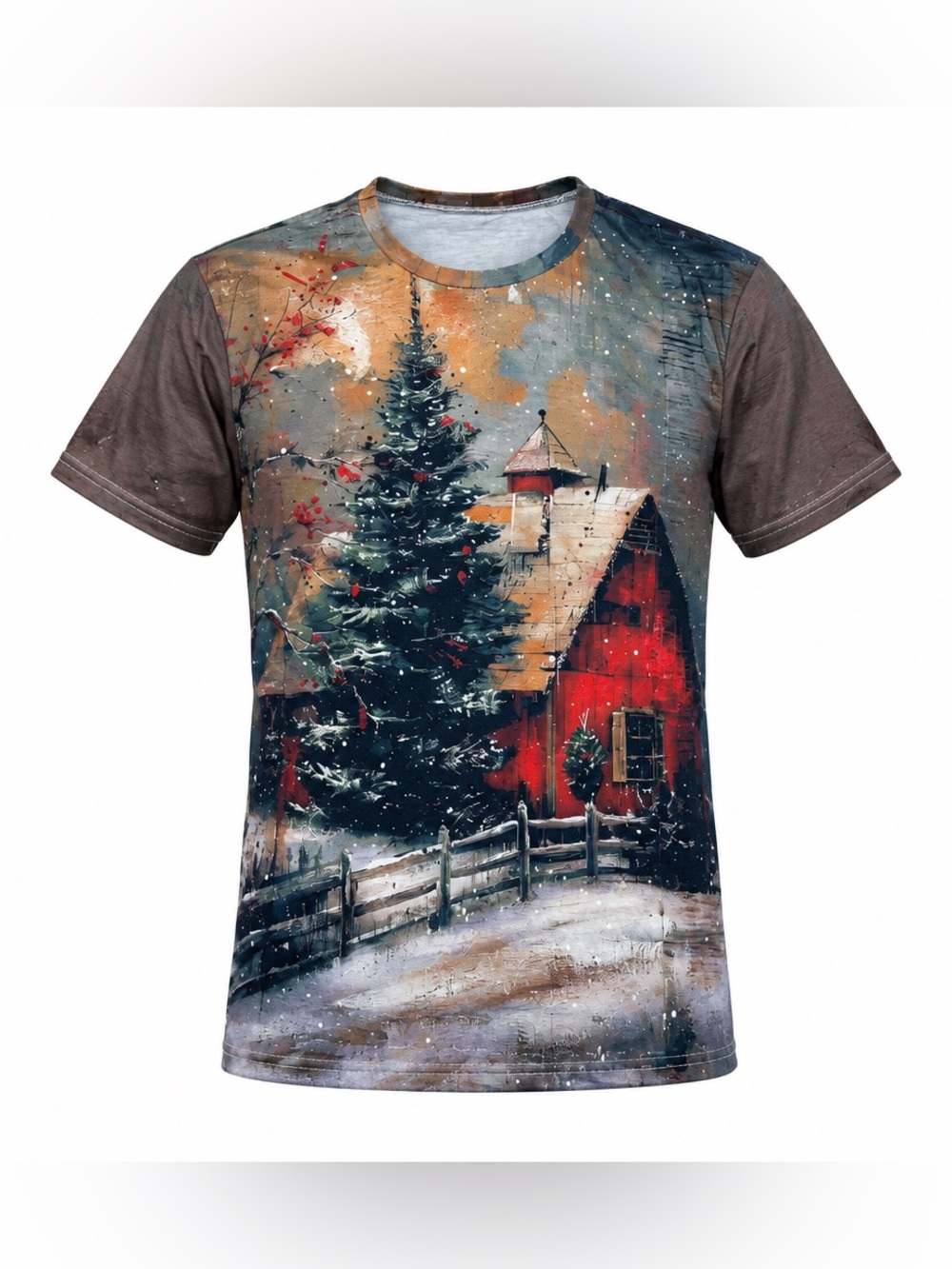 Women’s Christmas Red Barn Scenic Graphic T-Shirt Size XXL